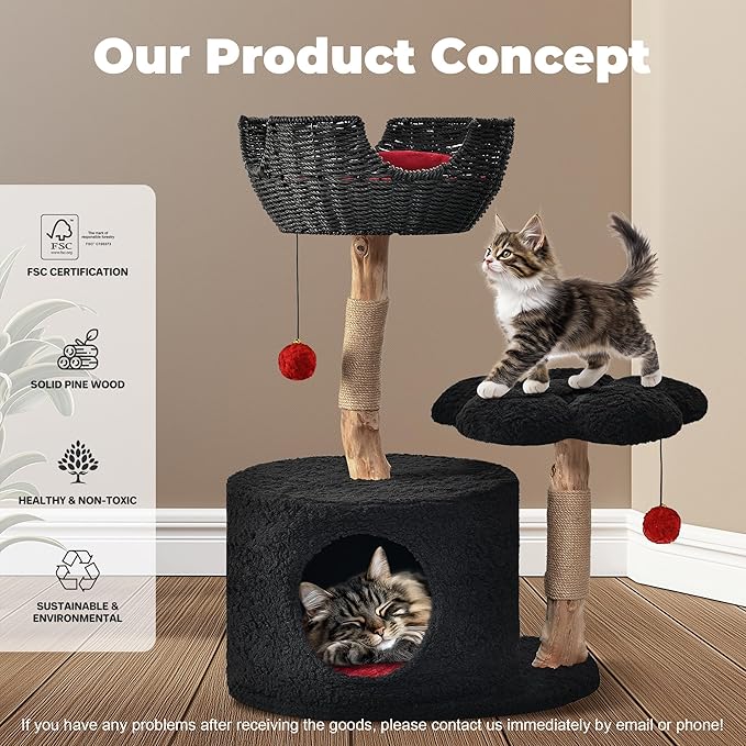 Easyego Modern Cat Tree, 35.5" Aesthetic Wood Cat Tree Tower for Large Cats, Luxury Cat Condo with Scratching Posts and Flower Platforms, Cat Furniture, Black