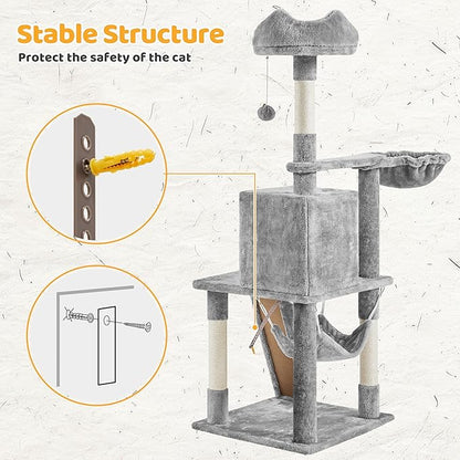 Yaheetech | 54in Cat Tree | Multi-Level Cat Tower w/Spacious Perch, Cozy Condo and Hammock, 3 Scratching Posts, Interactive Toy | Sturdy Pet Furniture | for Indoor Kittens to Large Cats | Light Gray