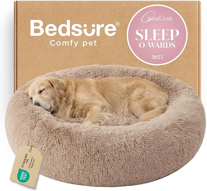 Bedsure Calming Dog Bed for Extra Large Dogs - Donut Washable Large Pet Bed, 45 inches Anti-Slip Round Fluffy Plush Faux Fur Dog Bed, Fits up to 120 lbs Pets, Camel