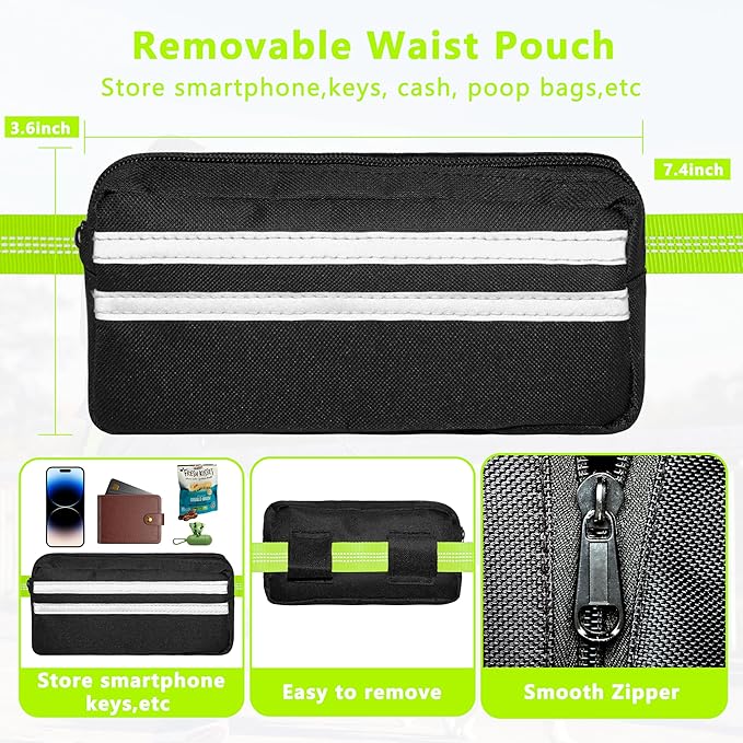 Hands Free Dog Leash with Zipper Pouch, Running Waist Leash for Dog Walking, Adjustable Waist Belt for Large Dogs, Reflective Bungee Design with Two Handle for Hiking, Training, Neon Green
