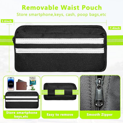 Hands Free Dog Leash with Zipper Pouch, Running Waist Leash for Dog Walking, Adjustable Waist Belt for Large Dogs, Reflective Bungee Design with Two Handle for Hiking, Training, Neon Green