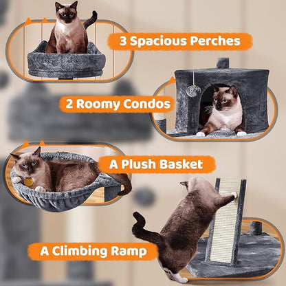 Yaheetech | 68.5in Cat Tree | for Large Cats | Multi-Level Cat Tower with 3 Wide Perches, Large Condo | Stable Pet Play House w/Sisal-Covered Scratching Posts & Board | Dark Gray