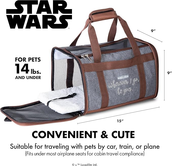 Star Wars for Pets The Mandalorian Soft Pet Carrier “Wherever I go, he goes” Gray & Brown | for Pets 15 x 9 x 9 Dog Travel Bag| Luggage Carrier for Dogs, Fits Under Plane Seat (FF19733)