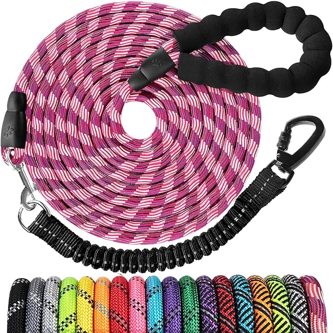 Long Dog Leash 10 FT: Heavy Duty Rope Leashes for Dogs Training with Swivel Lockable Hook Reflective Threads Bungee and Padded Handle - Dog Lead for Large Small Medium Dogs Outside Walking Hiking Red