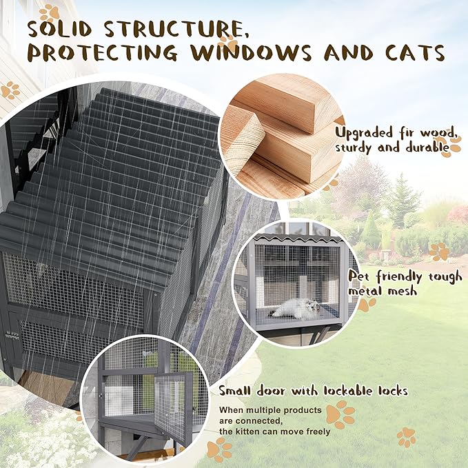 Cat Catio, Cat Window Perch for Large Cats - Catio Outdoor Cats Enclosure Windows, Patio Window Box Hommock for Sunbathing, Napping, Outside Wooden Catios for Indoor Kittens (Gray)