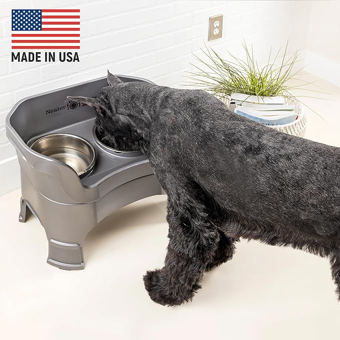 Neater Feeder Deluxe Mess-Proof Elevated Dog Bowls for Large Dogs (40+ lbs), 2 Height Adjustable (14.5” & 17.5”) No-Spill Raised Dog Bowl Stand, Stainless Steel Food Bowl Set, Made in USA, Grey