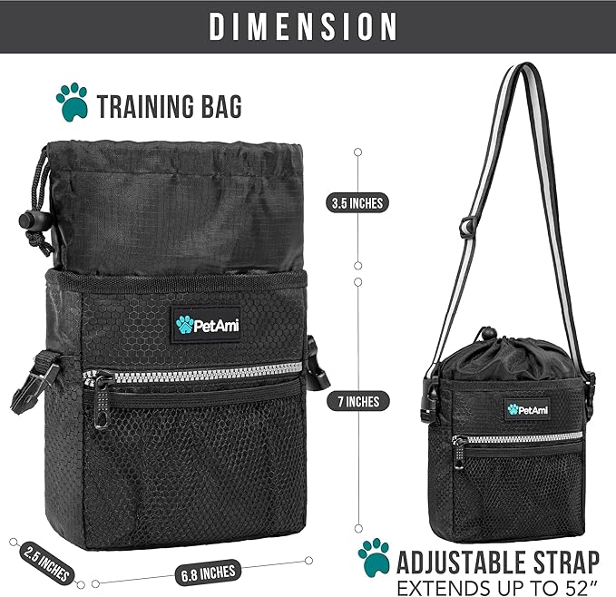 PetAmi Dog Treat Pouch, Pet Treat Pouch For Training, Dog Walking Bag Holder for Kibbles, Pet Food Toy, Dog Trainer Essentials Supplies, Poop Bag Dispenser, 3 Ways to Wear (Black)