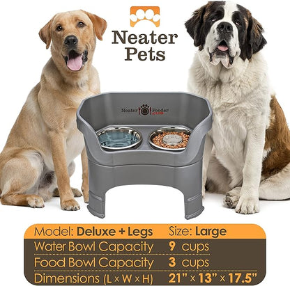 Neater Feeder Deluxe Mess-Proof Elevated Dog Bowls for Large Dogs (40+ lbs), 2 Height Adjustable (14.5” & 17.5”) No-Spill Raised Dog Bowl Stand w/Slow Feed Bowl for Food, Made in USA, Grey