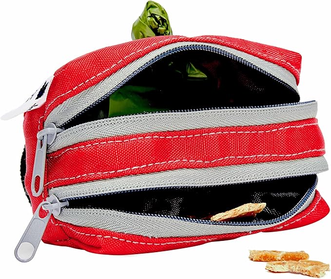 Blueberry Style Red Dog Waste Bag Dispenser, Solid Color Trash Bag Dispenser with 2 Auto Locking Zipper, Dog Poop Bag Holder Leash Attachment, Includes 1 Roll of Free Poop Bags
