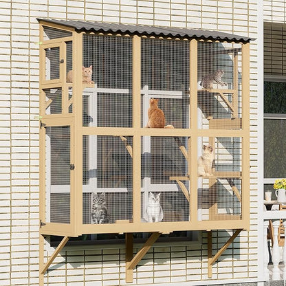 Large Catio Cat Window Box, Outdoor Cats Window Perch Enclosure for Indoor Cats with 4 Jump Platforms & 4 Doors, Kitten Cat Patio House Connected with Tunnels, All Weather Use (Natural)