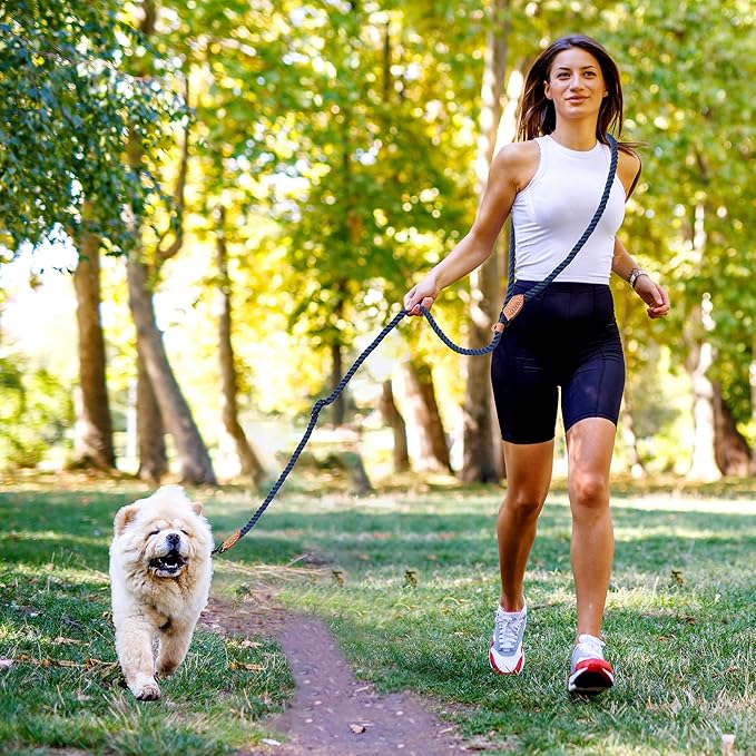 Mile High Life Hands Free Dog Leash, Crossbody Waist Leash with Genuine Leather Connection, Multifunctional Adjustable Slip Lead for Dog Walking Running (Navy Blue, 7FT)