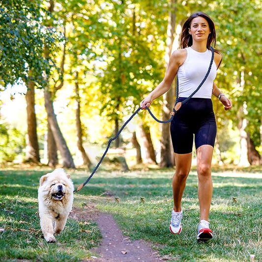 Mile High Life Hands Free Dog Leash, Crossbody Waist Leash with Genuine Leather Connection, Multifunctional Adjustable Slip Lead for Dog Walking Running (Navy Blue, MF)