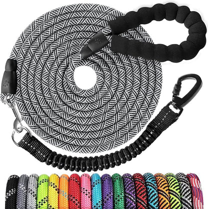 Long Dog Leash 15 FT: Heavy Duty Rope Leashes for Dogs Training with Swivel Lockable Hook Reflective Threads Bungee and Padded Handle - Dog Lead for Large Small Medium Dogs Outside Walking Hiking Grey