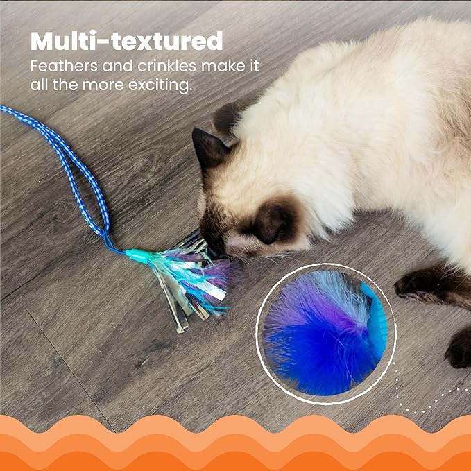 Catstages Tail Teaser Air Prey Cat Wand Toy for Indoor Cats, Interactive Cat Toy with 2 Feathered Catnip Toys, Crinkle Sounds, and Durable Rope for Leaping Play, Blue