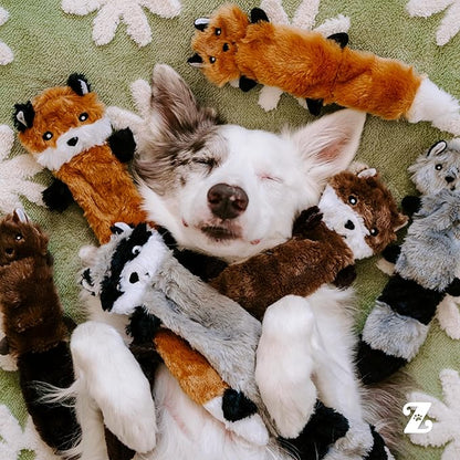 ZippyPaws Skinny Peltz - No Stuffing Dog Toy Pack to Keep Them Busy, for Small and Medium Dogs, Squeaky Pet Toys, Unstuffed Chew Toys, Soft Plush Variety Pack, Fox, Raccoon, and Squirrel - 11"