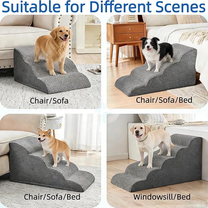 Simple Deluxe Dog Stairs for Small Dogs, 3-Step Curved Dog Step for Puppy, Older Cat, Medium Pet Ramp for Sofa, Couch or Chair, Indoor Non-Slip Pet Ladder with High Density Foam, Gray