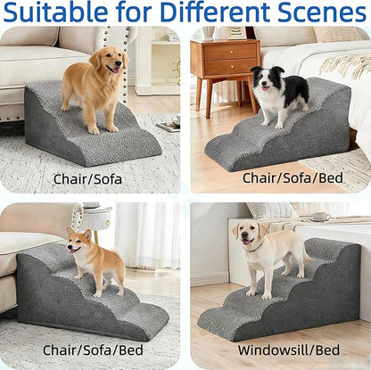 Simple Deluxe Dog Stairs for Small Dogs, 3-Step Curved Dog Step for Puppy, Older Cat, Medium Pet Ramp for Sofa, Couch or Chair, Indoor Non-Slip Pet Ladder with High Density Foam, Gray