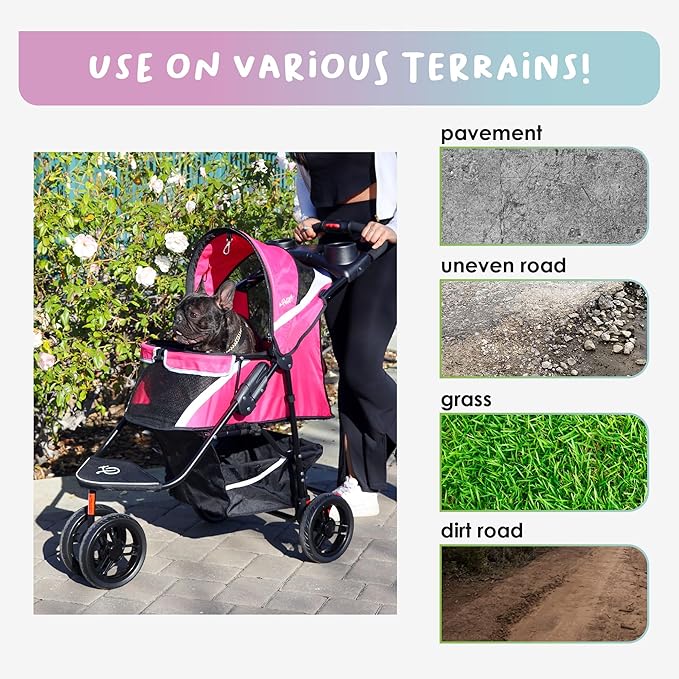 Petique Revolutionary Durable Pet Stroller, Easy Fold, Quality mesh Windows, Large Storage Basket, Secure Cup Holder Tray, Small/Medium Dogs, Cats and Pets, Supports up to 55LBS - Supernova (Pink)