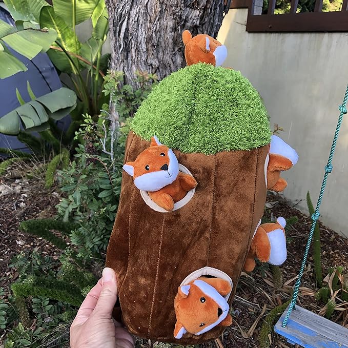 Fox in Tree Hide and Seek Dog Toy for Small and Medium Size Dogs, Plush Fox Inside Trunk Dog Toy with Squeaker, Interactive Burrow Dog Toy (Tree with Fox, Large)