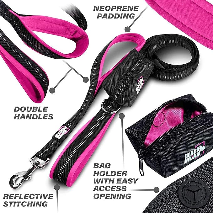 Black Rhino Heavy Duty Dog Leash for Medium and Large Dogs - 6 ft Long Double Handle Leash with Padded Traffic Control Handles and Bag for Comfort - Reflective, Durable, and Weather Resistant (Pink)