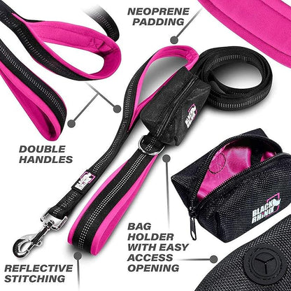 Black Rhino Heavy Duty Dog Leash for Medium and Large Dogs - 6 ft Long Double Handle Leash with Padded Traffic Control Handles and Bag for Comfort - Reflective, Durable, and Weather Resistant (Pink)