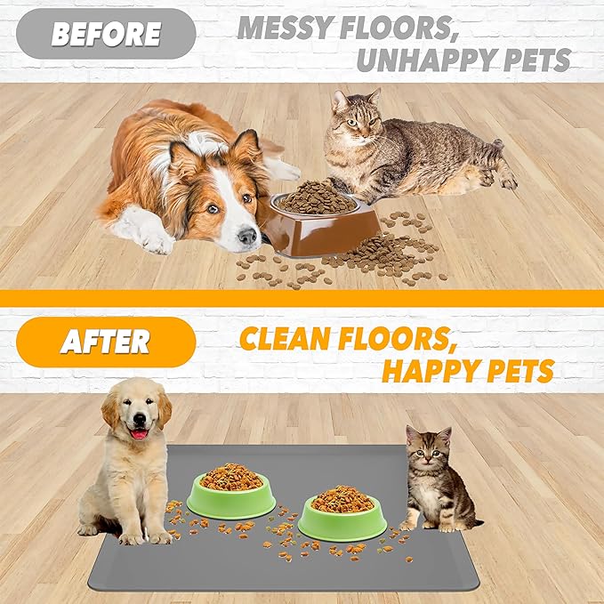 TidyFriend Silicone Pet Food Mat 28 x 30 Inches, Pet Tray for Food and Water, Dog Food Mats, Silicone Cat Food Mat, Non Slip Pet Food Mat, Dog Bowl Mat Waterproof, Pet Supplies (Dark Grey)