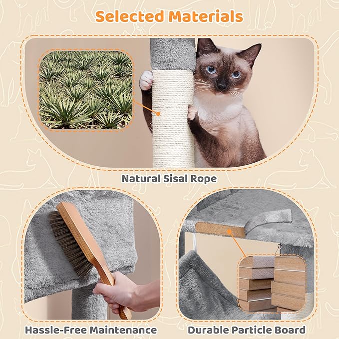 Yaheetech 64.5in Extra Large Multi-Level Cat Tree Kittens Play House Condo with Platform, Perch Hammock & Scratching Posts, Light Gray