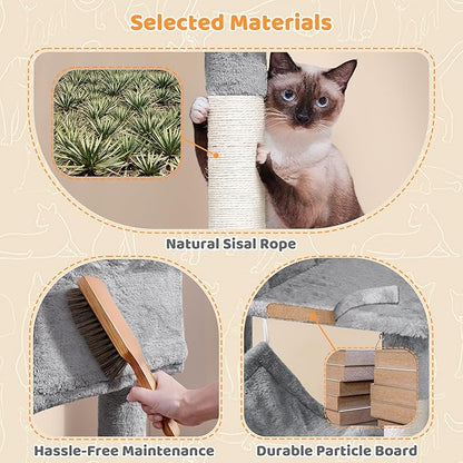 Yaheetech 64.5in Extra Large Multi-Level Cat Tree Kittens Play House Condo with Platform, Perch Hammock & Scratching Posts, Light Gray
