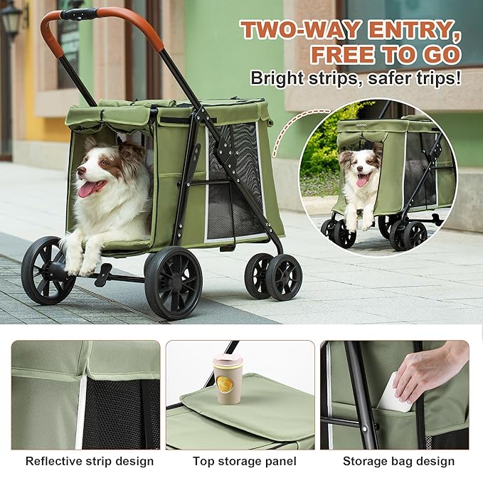 Medium Dog Stroller, Dual Entry One-Touch Folding,Small and Medium Pet Stroller,360° Rotating Front Wheels,80 lbs Weight Capacity for Outdoor Travel and Elderly Dogs - Green