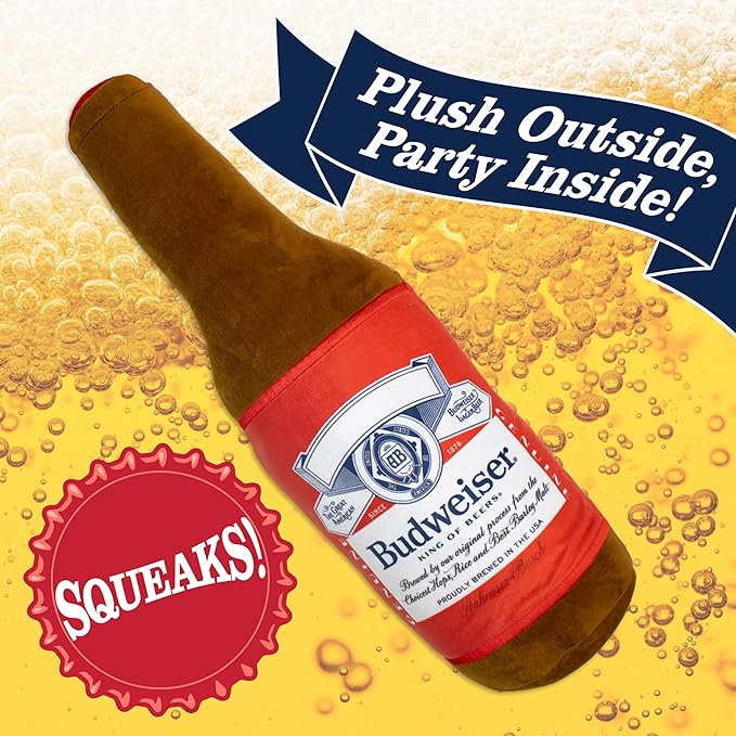 design LAB, Inc. Budweiser Beer Dog Toy | Official Merchandise Beer Bottle Squeaky Plush Toy for Dogs | 17 inch XL Extra Large Novelty Dog Toys for Fun and Fetch