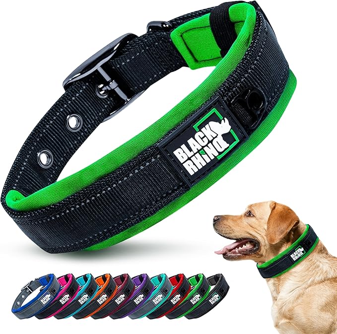 Black Rhino Extra Large Dog Collars - Adjustable Reflective Heavy Duty Wide Dog Collar with Ultra-Soft Neoprene Padding - Weatherproof, Durable, and Comfortable for Active Dogs - Green and Black