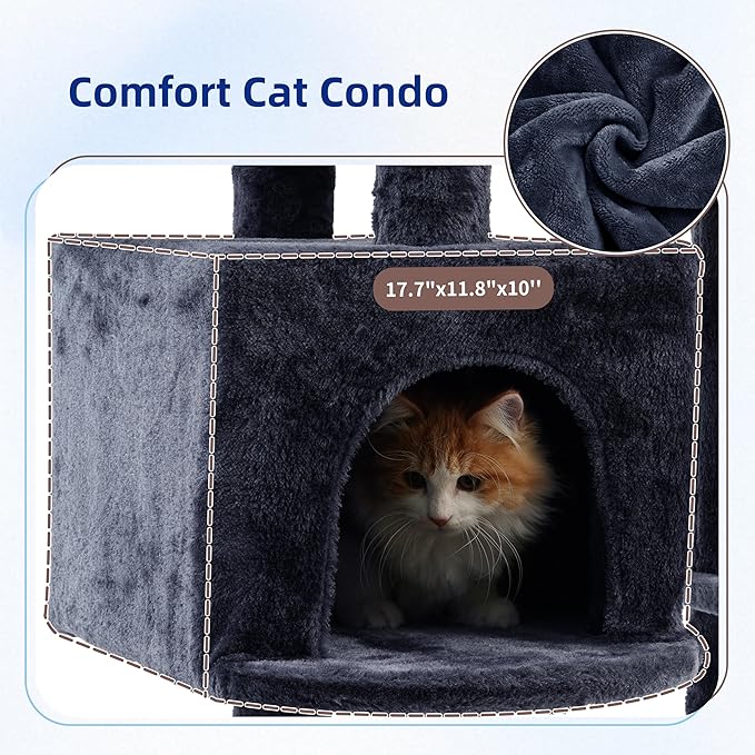 Cat Tree for Indoor Cats, 55.1 inch Cat Tower with 7 Sisal Scratching Posts, Multi-level Cat Condo wit Large Play Platform Furry Ball, Cat Cave, 2 Padded Perches, Basket, Smoky Gray GCT013G