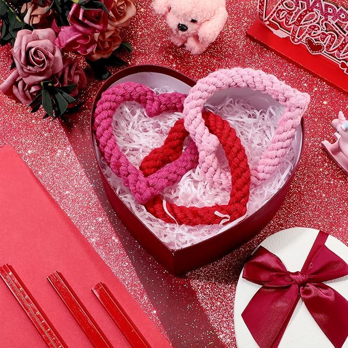 Leitee Valentine‘s Day Chew Toys Heart Interlocking Dog Rope Toy Heart Pet Chew Rope Puppy Throwing Toy Gifts Cotton Chewing Supplies for Small and Medium Dogs