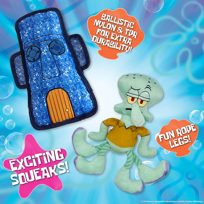 design LAB, Inc. Spongebob Squarepants Official Merchandise | Squeaky Plush Dog Toys | 2-Pack Squidward & Tiki Dog Toys with Squeaker & Rope | Play, Squeak, and Tug