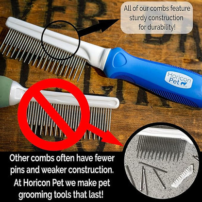 Detangling Dog Comb with Long & Short Stainless Steel Metal Teeth - Dogs, Cats & Small Animals for Removing Matted Fur, Knots & Tangles