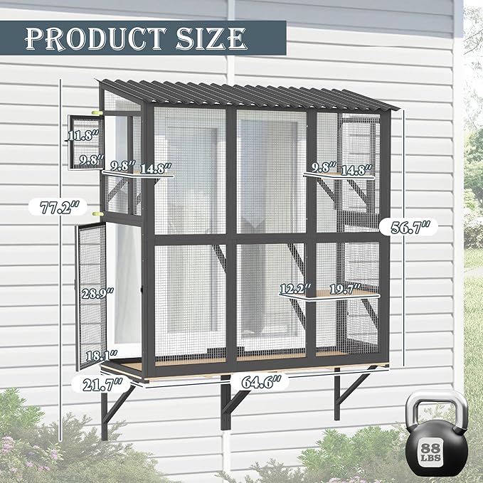 Large Catio Cat Window Box, Outdoor Cats Window Perch Enclosure for Indoor Cats with 4 Jump Platforms & 4 Doors, Kitten Cat Patio House Connected with Tunnels, All Weather Use (Black)