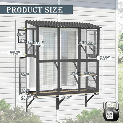 Large Catio Cat Window Box, Outdoor Cats Window Perch Enclosure for Indoor Cats with 4 Jump Platforms & 4 Doors, Kitten Cat Patio House Connected with Tunnels, All Weather Use (Black)