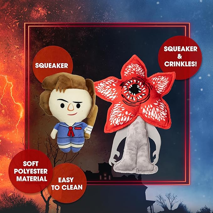 design LAB, Inc. Stranger Things Official Merchandise | Interactive Toys for Indoor Play | Steve & Demogorgon 2-Pack Set | Cool Dog Toy Stuffed Animals | Stranger Things Toys