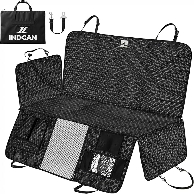 INDCAN Back Seat Extender for Dogs, Hard Bottom Dog Car Seat Cover for Back Seat, Waterproof Dog Hammock for Back Seat, Dog Back Seat Cover with Mesh Window, Side Flaps Door Protectors, SUV Truck