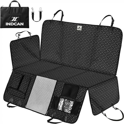 INDCAN Back Seat Extender for Dogs, Hard Bottom Dog Car Seat Cover for Back Seat, Waterproof Dog Hammock for Back Seat, Dog Back Seat Cover with Mesh Window, Side Flaps Door Protectors, SUV Truck