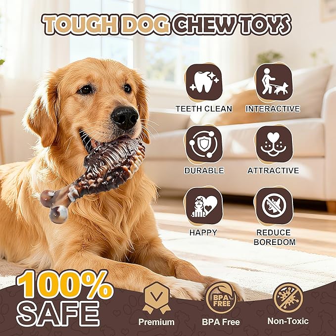 Dog Chew Toys for Aggressive Chewers,3 PCS Tough Dog Toys for Medium and Large Breed, Real Bacon Flavored Best Dog Toys to Keep Them Busy, Reduce Boredom, Dog Bones for Teeth Cleaning (Brown)