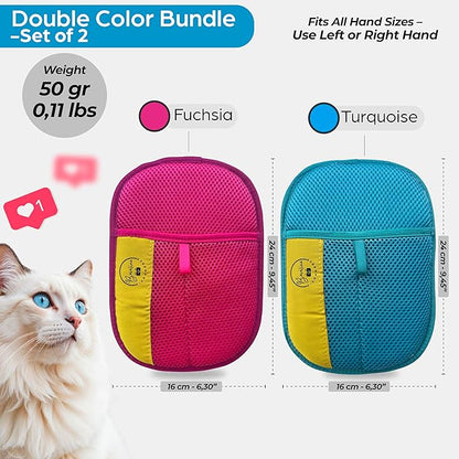 Electrostatic Hair Removal Gloves - Pet Hair Removal Mitt for Cats & Dogs, Reusable Dog Fur Remover & Cat Grooming Gloves, Double Color Bundle (Fuchsia & Turquoise, 2 Pcs)