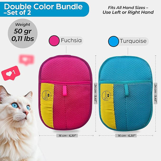 Electrostatic Hair Removal Gloves - Pet Hair Removal Mitt for Cats & Dogs, Reusable Dog Fur Remover & Cat Grooming Gloves, Double Color Bundle (Fuchsia & Turquoise, 2 Pcs)