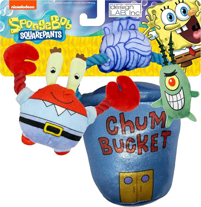 design LAB, Inc. Spongebob Squarepants Official Merchandise | Plush Dog Toys with Tug Rope & Squeakers | Nesting Toy Set of 3 | Plankton, Mr. Krabs & Iconic Chum Bucket