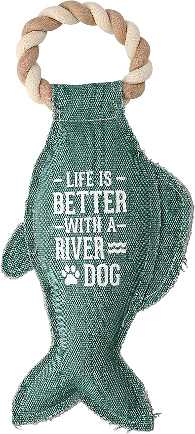 12" x 6" x 2" Teal Fish Shape Life is Better with A River Dog Tug of War Rope Handle Sturdy Dog Toy, Dogs for Medium- Large Breeds