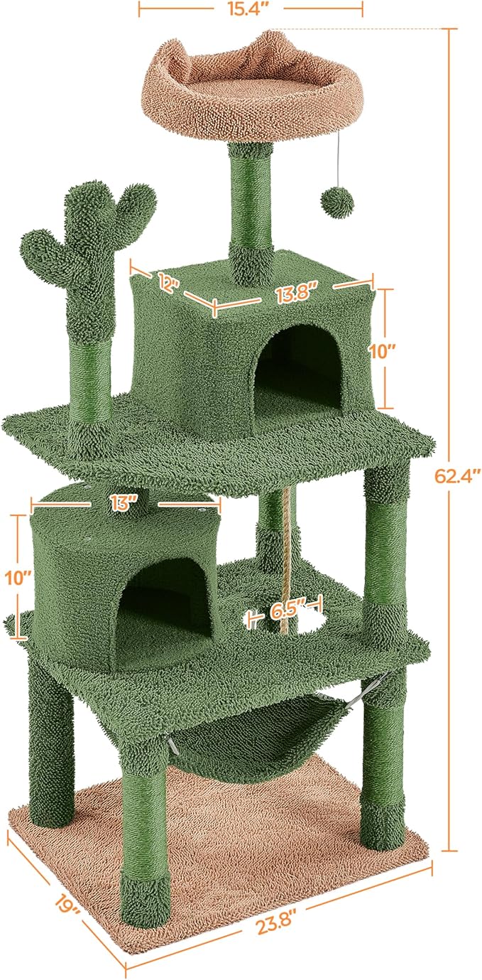 Yaheetech Cactus Cat Tree for Indoor Cats, 62in Cat Tower with Scratching Posts, Hammock & Dangling Ball, Multi-Level Condo Activity Center Furniture