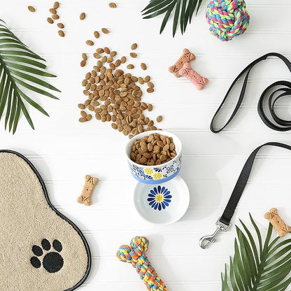 Bone Dry Ceramic Food & Water Bowls for Pets Non-Slip for Secure, Less Messy Feeding, Microwave & Dishwasher Safe, Small Set, 4.25x2, Azulejos Tile, 2 Count