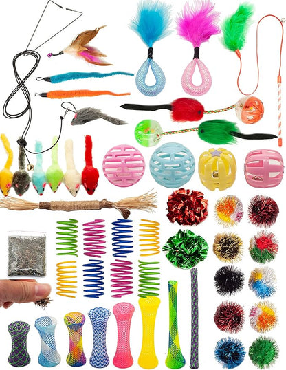 Fashion's Talk Cat Toys 50 Pcs for Indoor Cats,Interactive Door Hanging Mice Feather Toy Cat Spring Toy Cat Wand Catnip Crinkle Balls Silvervine Stick