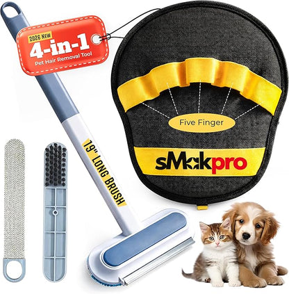 2026 NEW Pet Hair Removal Tool for Dogs & Cats (19" Long Brush + Gloves), Electrostatic Reusable Pet Hair Remover, Five Finger Magic Brush with Adjustable Handle for Couch, Carpet, Bedding, Clothes