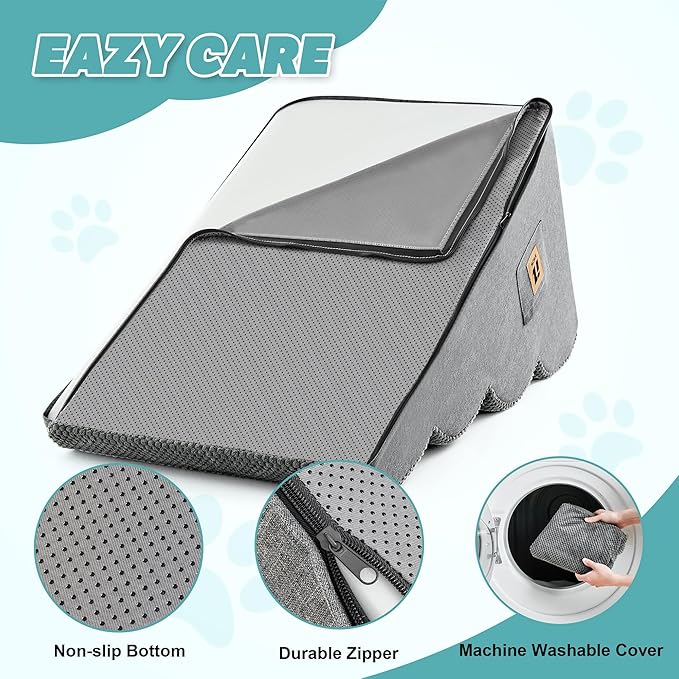 IFNOW Dog Stairs for Small Dogs 15.7''H, 4-Step Sturdy Dog Steps for Bed, Couch, Sofa, Waterproof Pet Stairs for Older Cats, Puppy, Removable Washable Cover, Non-Slip Curved Pet Ramp Indoor, Grey